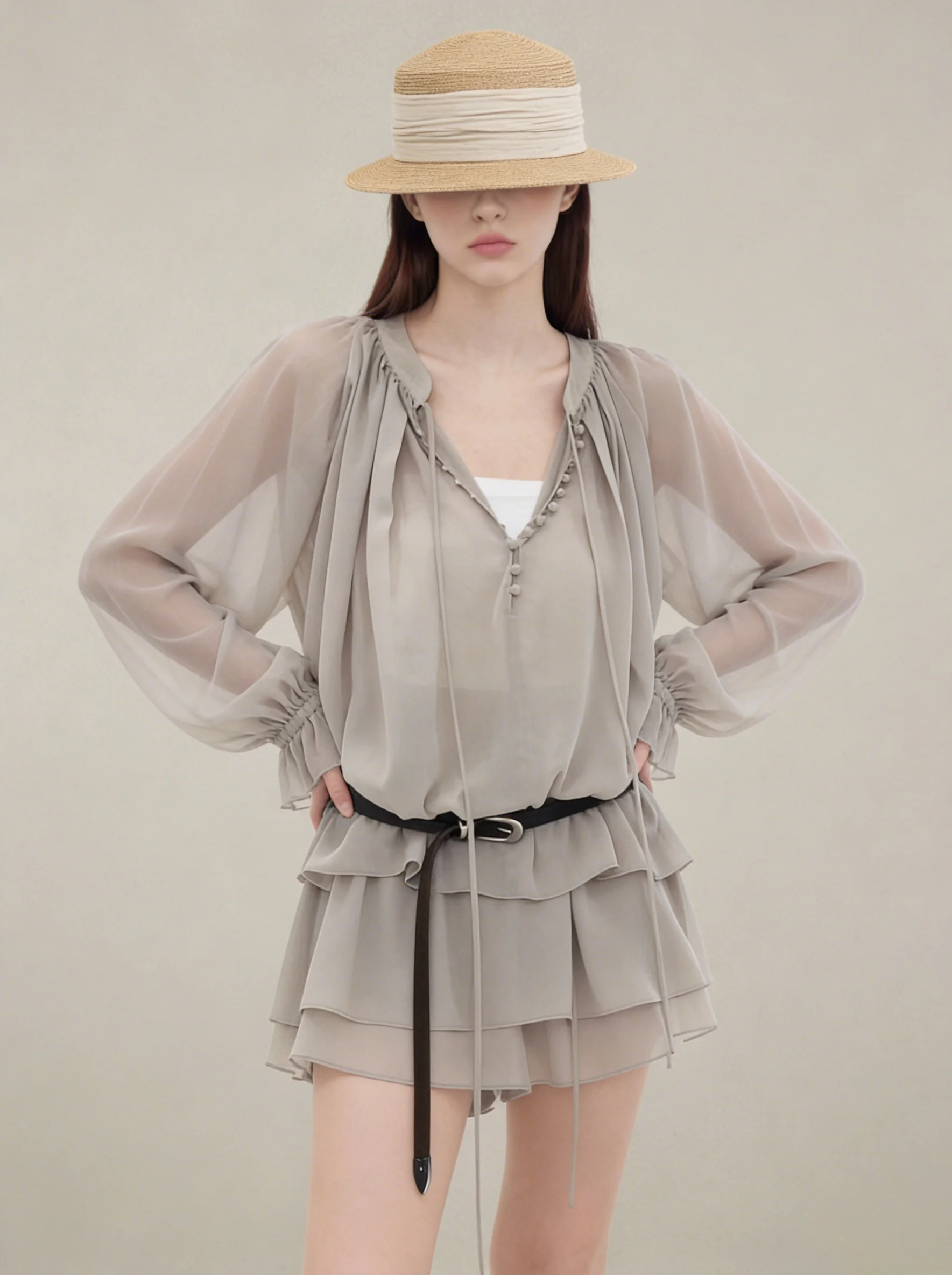 

Gray V-Neck Belted Micro-Light Shirt Dress Set Summer 2026 Fashion High Waist Loose Fit Casual Style Spring Collection