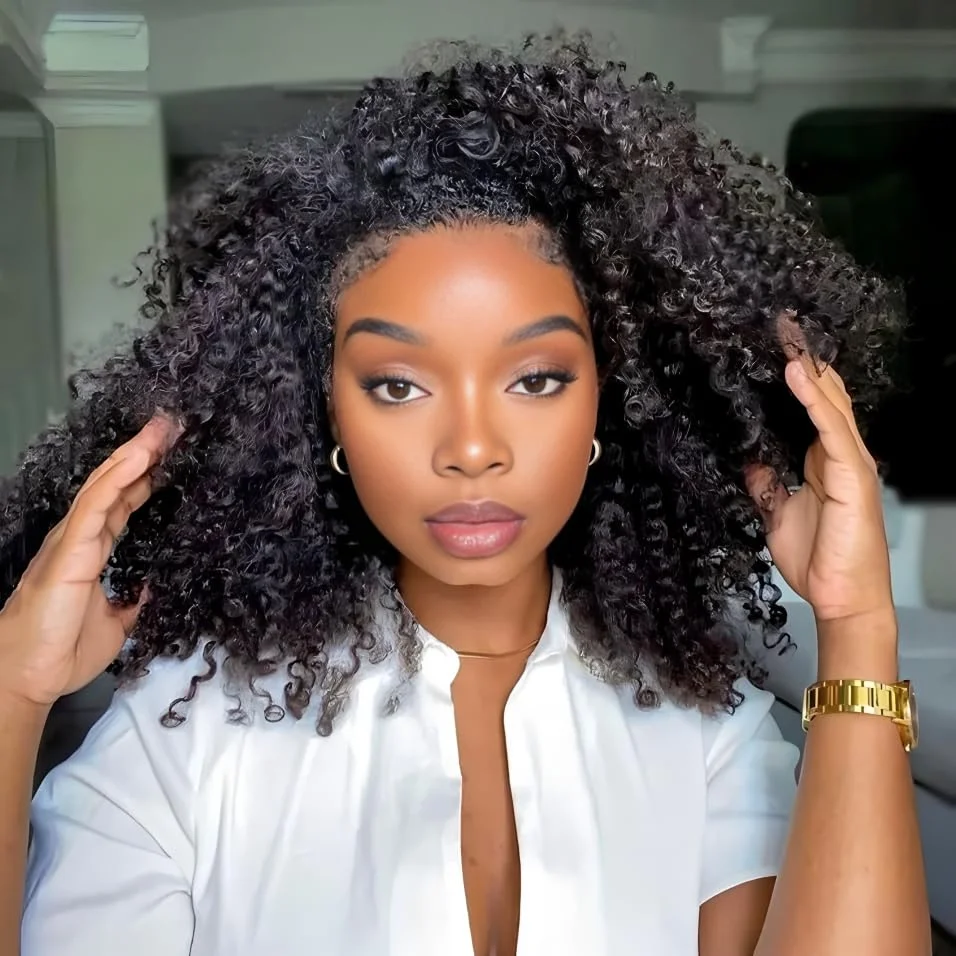 ISEE Glueless Human hair Wigs Kinky Curly Headband Wig Upgrade 3 IN 1 Half Wig With Drawstring Seamless Clip Ins Flip Over