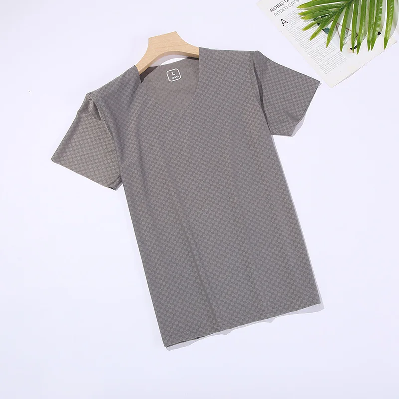 Men's Ice Silk V-neck Lattice T-shirt Summer Cool Thin Casual Basic Tops Lightweight Comfortable Home Base Shirt Pajamas