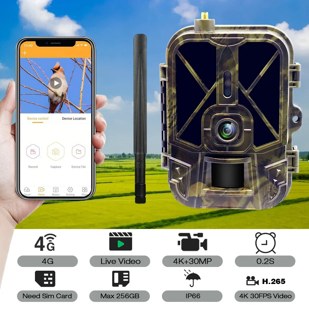 4K Live Stream Trail Camera 4G  30MP APP Clould Service Hunting Cameras 10000Mah Li-Battery Night Vision Photo Traps HC940PROLI