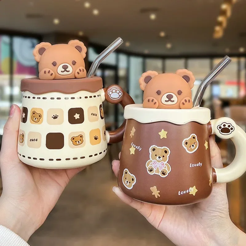 Kawaii Cup Cute Lovely Bear Ceramic Mug Large Capacity with Lid Coffee Cups Breakfast Milk Mugs Drinking with Straw Water Cup