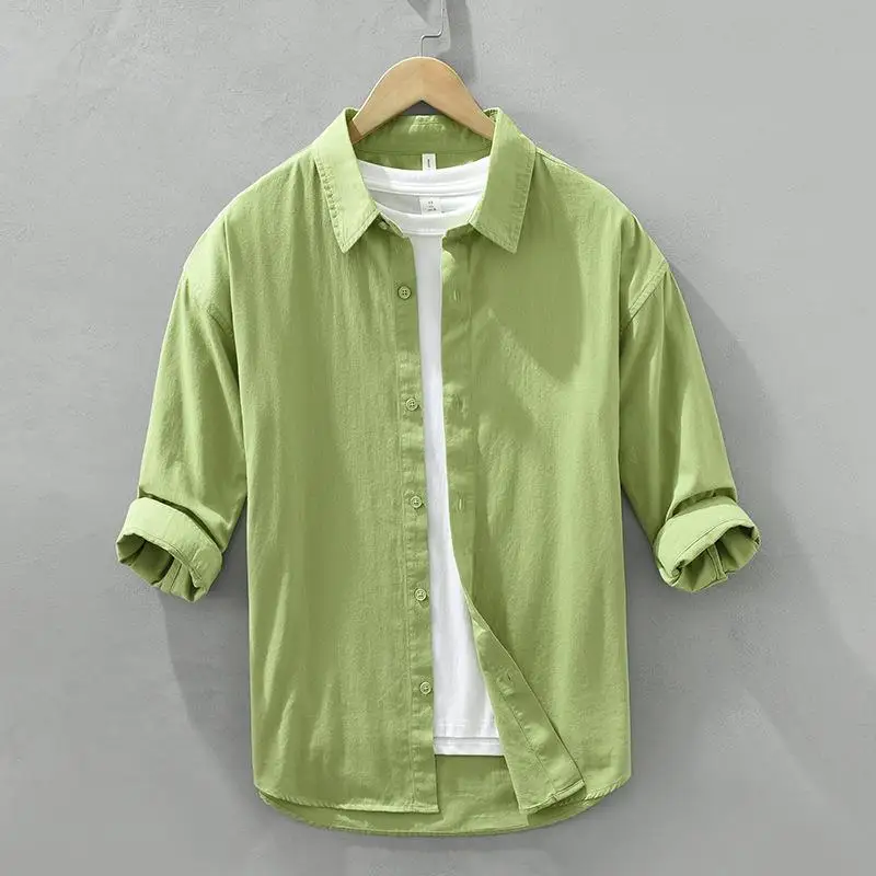 

Men's Seven Quarter Sved Shirt Lapel Casual Shirt Easy Care Non-iron Processing Everyday Wear Seven Sleeve Length Pure Color