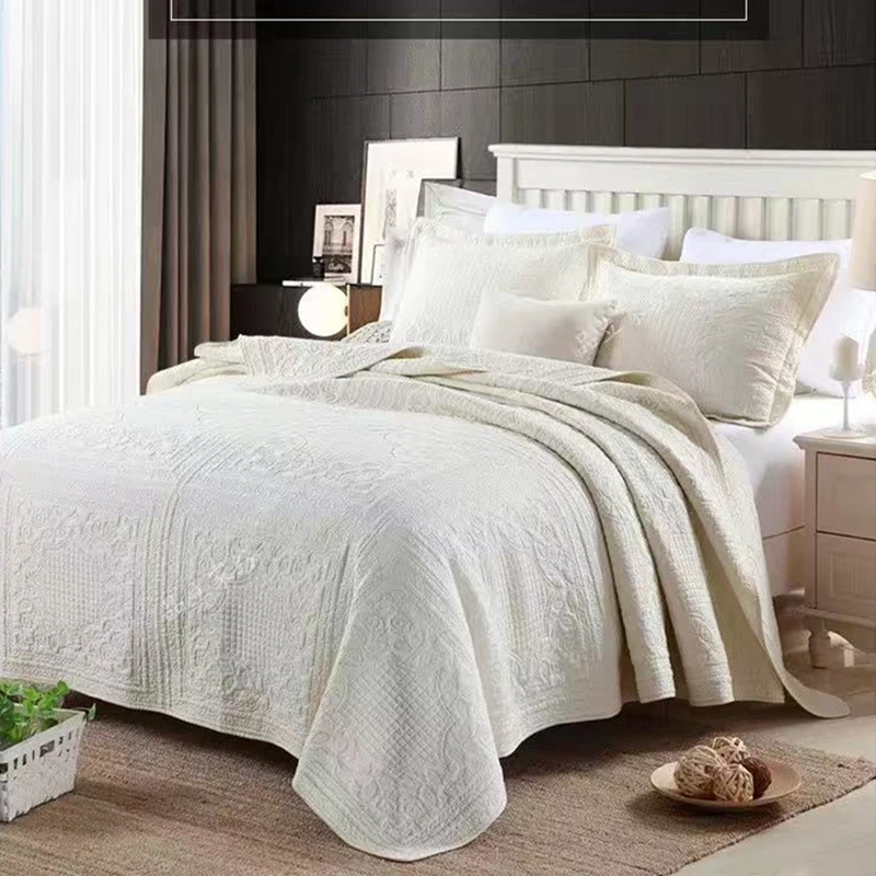 3pcs Pure Cotton Bedspread Quilted Bed Cover Set  Queen King Size Quilt Blanket Solid Color Coverlet Pillowcases Non-slip Sheet