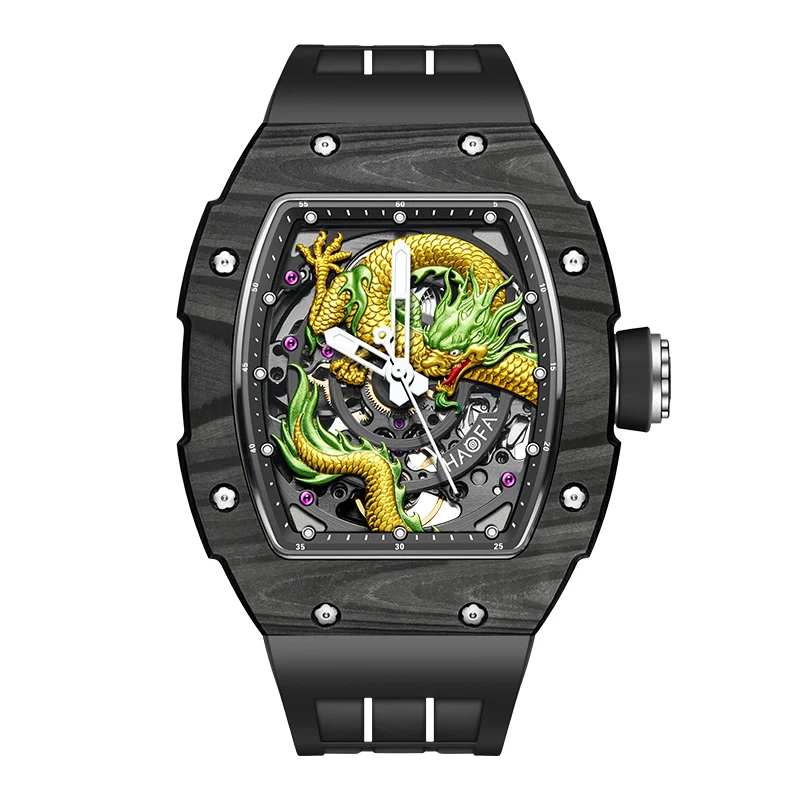 Haofa 3D Dragon Automatic Watch for Men NTPT Sapphire Mechanical Mens Watch Luxury Carbon Fiber Luminous Causal Wristwatch 1968N