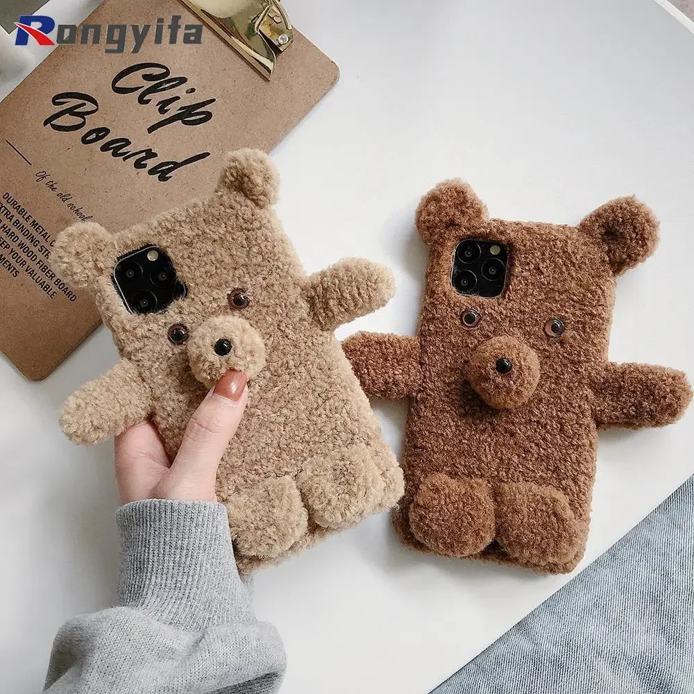 Furry Plush Bear Warm Phone Case For Samsung Galaxy A15 A25 A35 A55 5G S24 Ultra S24+ A05 A05S 4G A34 5G Teddy Soft Cover