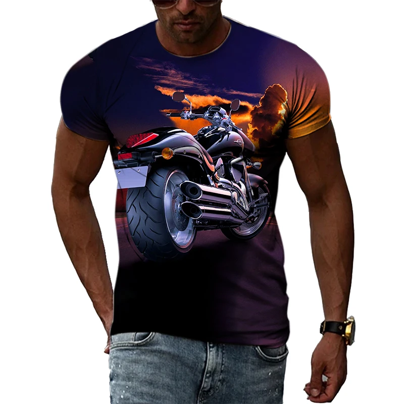 Camiseta con estampado de motocicleta para hombre, camisa informal de manga corta con cuello redondo y personalidad, de gran tamaño, a la moda,