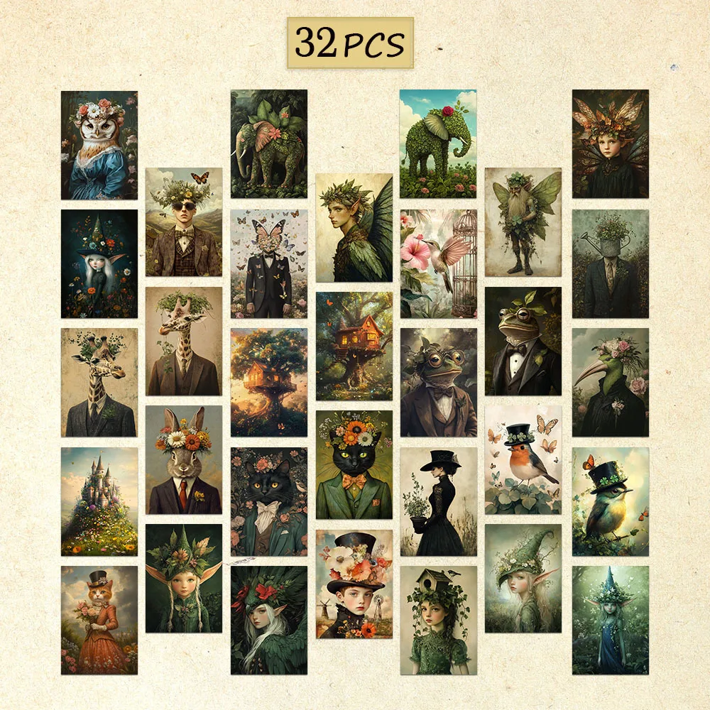 

32pcs, Fantasy Botanical Postcard Set Surreal Forest Cards Wall Art Decor Cards Suitable for journals/decor/greeting cards