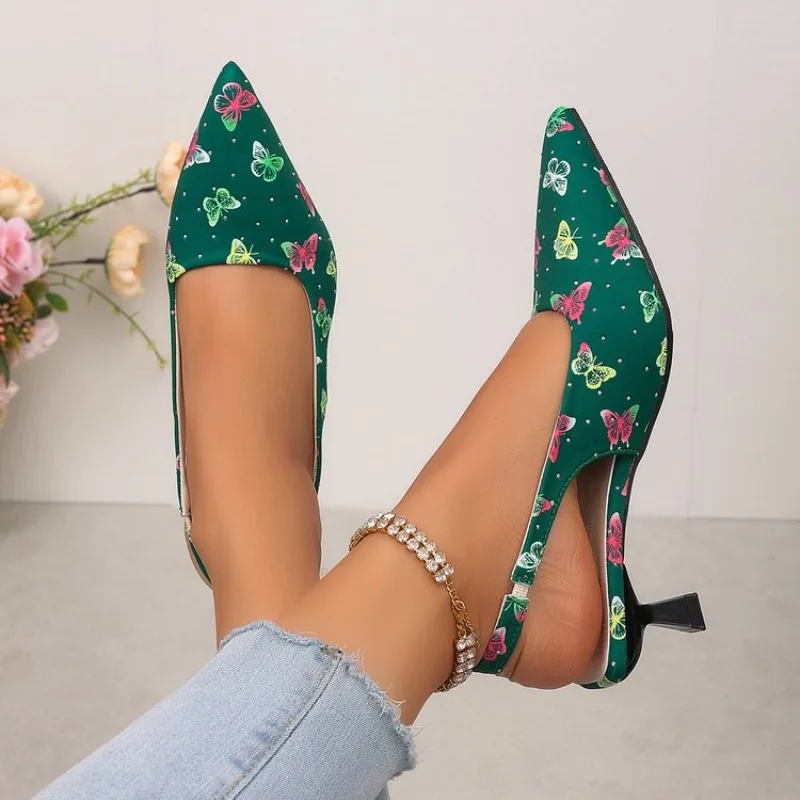 pointed-toe single shoes with thin heels, green women's high-heeled shoes, comfortable slip-on backless sandals