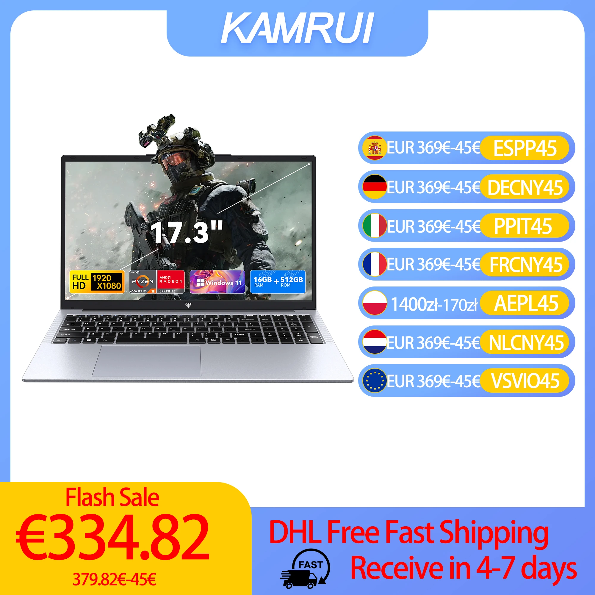 KAMRUI 17.3 AMD Ryzen 3 4300U Laptop 16GB DDR4 RAM 512GB SSD Lichtgewicht zakelijke laptop Windows 11 Pro Laptops