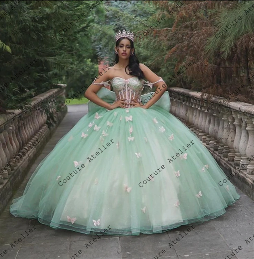 

Sage Green Quinceanera Dresses Pink Butterfliy Bow Ball Gown Birthday Dress Lace Up Princess Sweet 15 16 vestidos de Customized