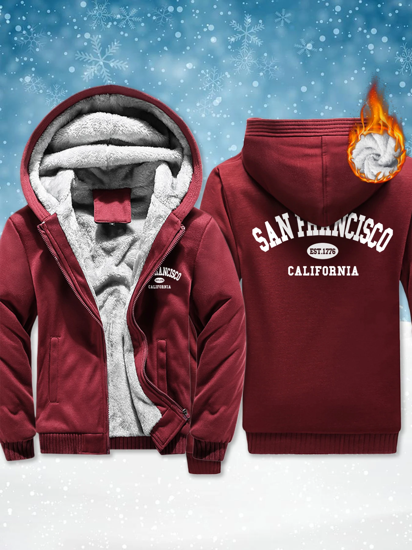 

California San Francisco Est 1776 Print Man Fleece Zip-Up Jackets Soft Comfy Tops Winter Thicken Loose Outwear Warm Basics Veste