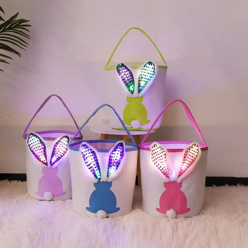 LED Easter Bunny Basket For Kids  Rabbit Tote Bag Bucket  For Egg Hunting Furry Tail Canvas Tote Bags Easter Bunny Eggs Baskets