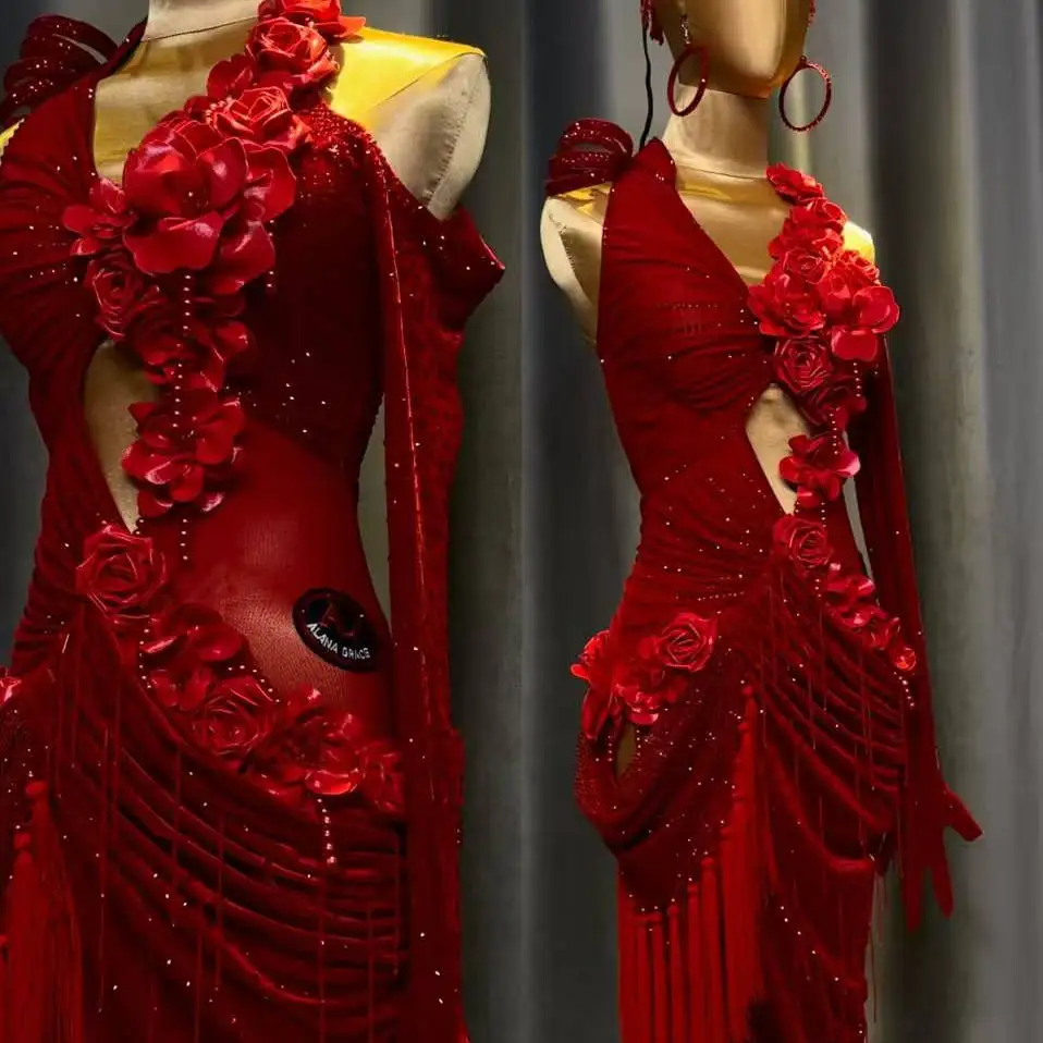 

Платье для латинских танцев для взрослых и детей AB Stone, высококачественная цельная цельная женская одежда на заказ, Twilight Rose Cha Tango