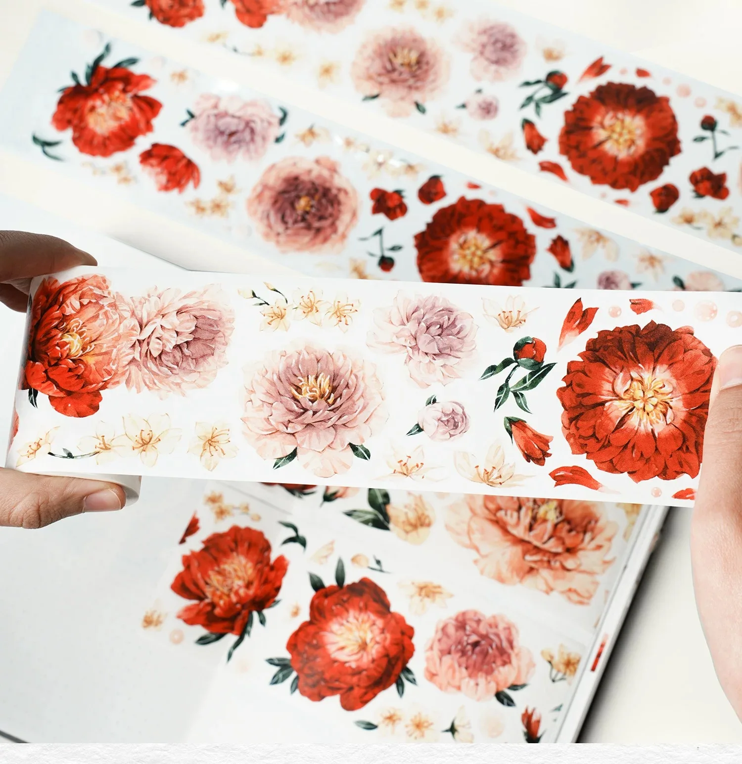 WT Studio Vintage Red Peony Floral Washi PET Tape DIY Card Making Scrapbooking Decorative Plan Sticker