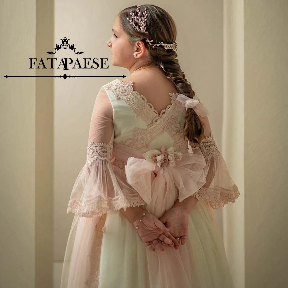 

FATAPAESE Vestido de Comunión Dress Half Sheer-Lace Sleeve Double Layered Floral Embroidery MiniBride Ceremony Dresse Girl