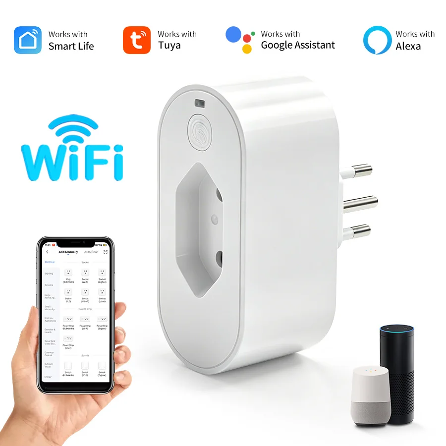 Smart Wi-Fi Outlet Brazil 3-Pin Plug with Power Consumption Monitor Voice Control Works with Smart Life Tuya App