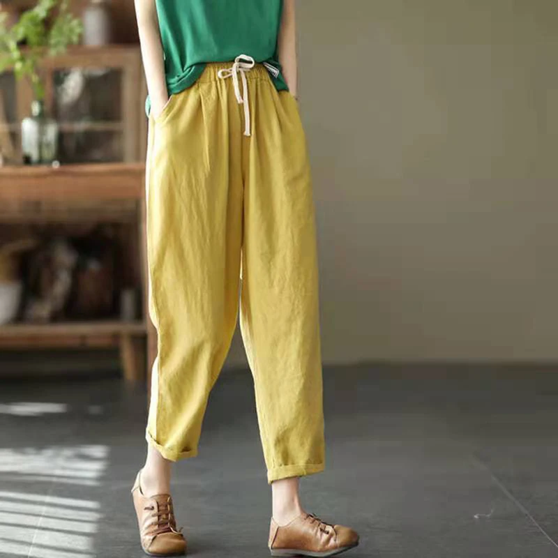 Fashion Cotton Linen Harem Pants Women Summer Loose High Waist Elastic Ankle-length Pants Retro Pockets Solid Lady Casual Pants