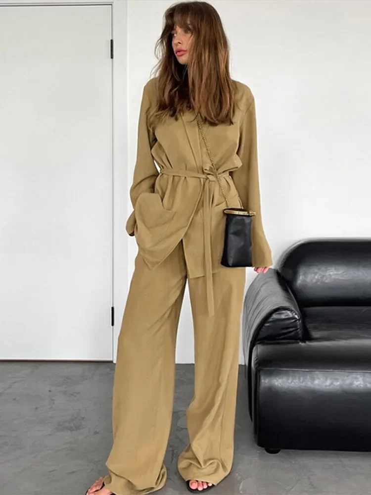 

Spring Elastic Waist Long Pants Pajamas Sets For Women Lapel Lace Up Shirts Wide Leg Trousers 2 Pieces Suits Lady Chic Outfits