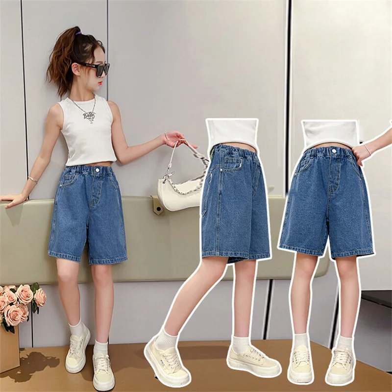 Girls Jeans Shorts Big Kids Summer Thin Cool Pants Children's Casual Knee Length Jeans New Teenager Daily Fashion Clothing 4-14Y