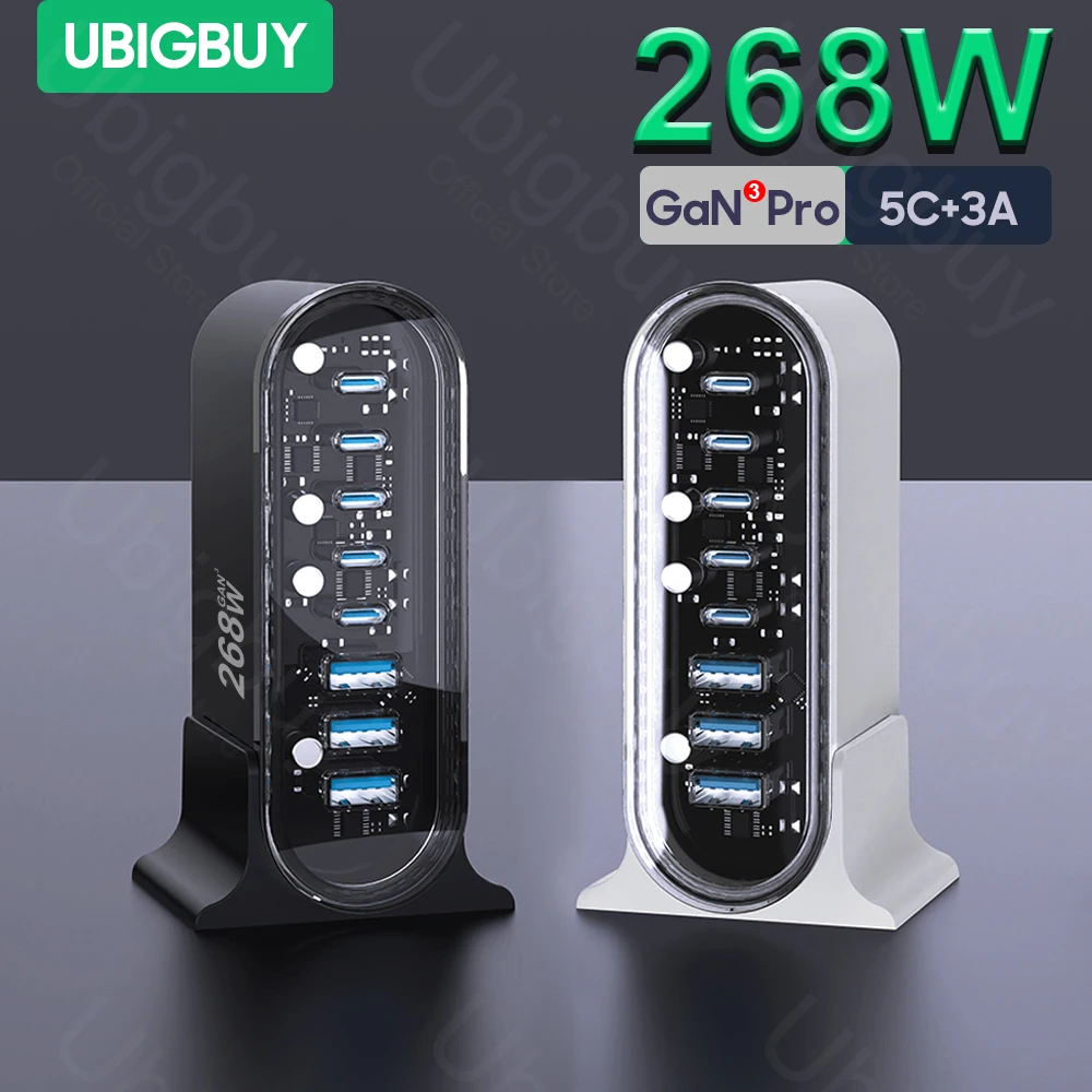 Ubigbuy 268W USB Charging Station 8-Port GaN Type C Desktop Charger PD USB C Fast Charger for iPhone 15 iPad MacBook Pro Samsung