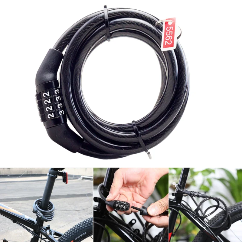 Aço inoxidável Anti-Theft Bike Lock, 4 Digit Código Combinação, Cabo, Bicicleta Segurança, Equipamentos MTB