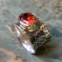 Vintage Ethnic Style Red Crystal Rings for Women Antique Silver Color Twig Texture Creative Party Jewelry Accessories