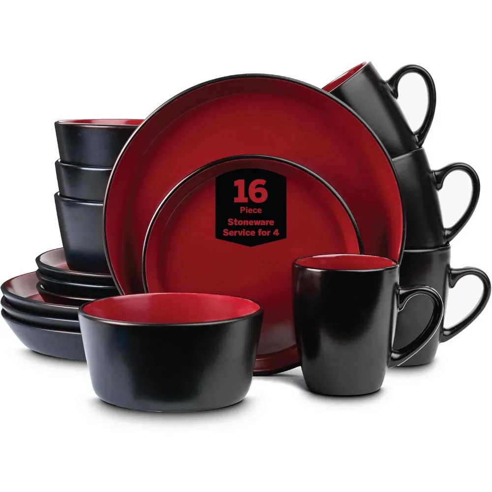 

Набор столовой посуды из 16 предметов с тарелками и мисками, красный и черный дизайн, подходит для 4 человек, можно использовать в микроволновой печи и в посудомоечной машине.