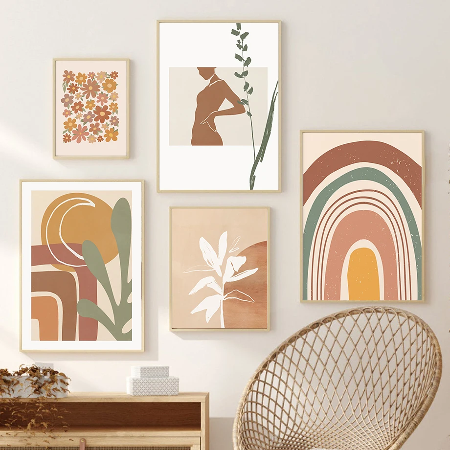 Boho Minimalist Sun Rainbow Flower Leaves Wall Art Canvas Painting Abstract Nordic Posters Prints Pictures For Living Room Decor