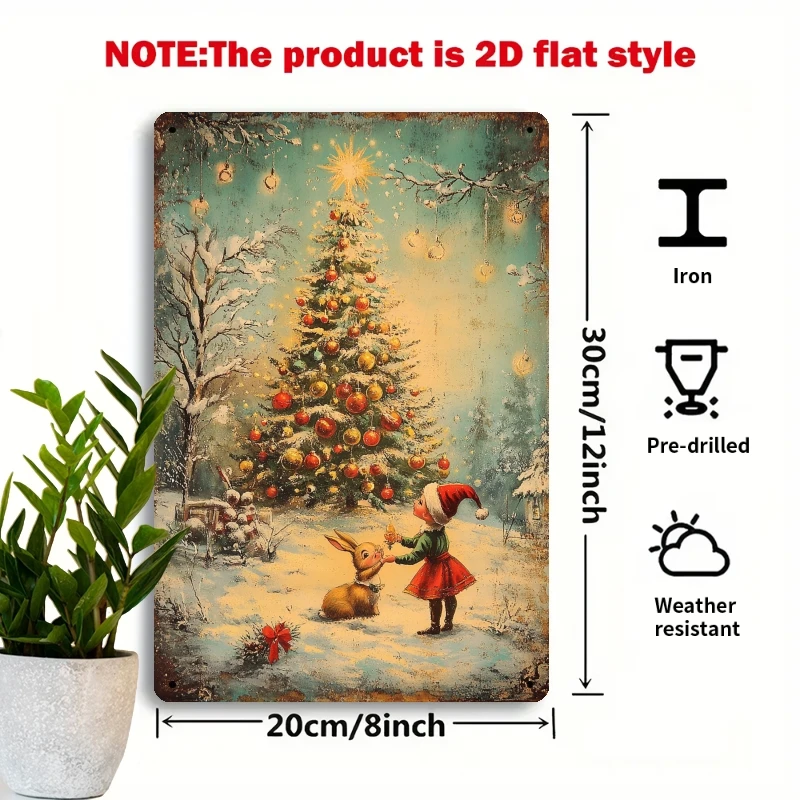 2D Flat, 1pc Vintage Iron Metal Wall Decor Sign - & Bunny by Christmas Tree with Snowy Winter Scene, 8x12 Inch Retro 2D Flat