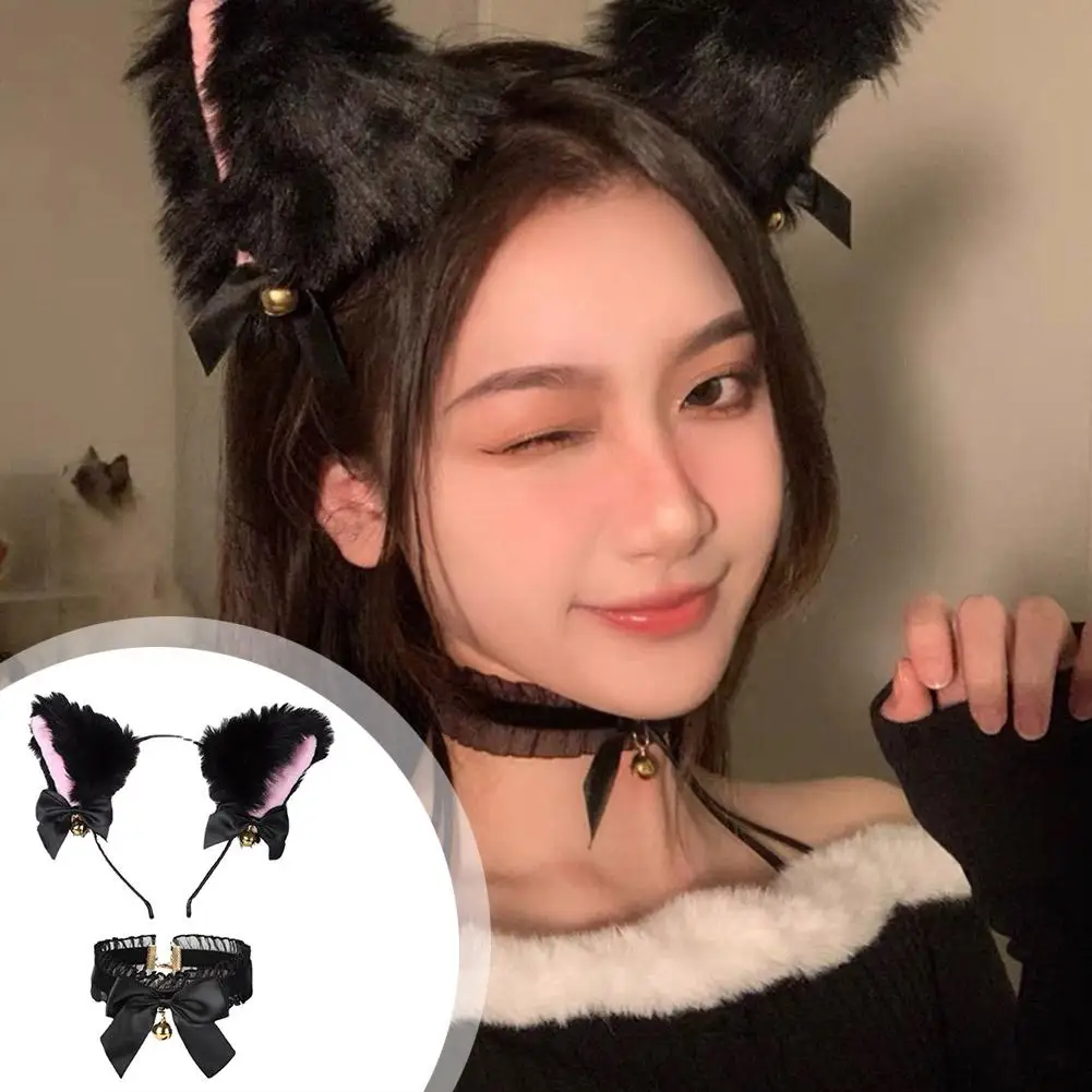 Sexy Ears Headband For Women Girls Lace Bow Necklace Plush Bell Hairband Cosplay Masquerade-party Costume Hair Accessor M5k5