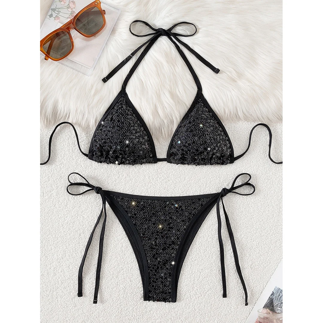 Funkelnder Bikini mit Pailletten, Neckholder und hohem Beinausschnitt, Damen-Badeanzug, zweiteiliges Bikini-Set, Badebekleidung, Badeanzug, Modell V6678. – Detail 27