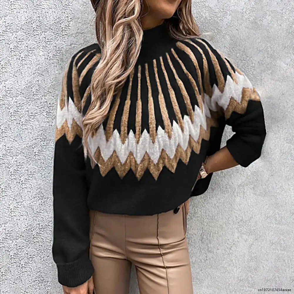 Winter Sweater Lady Loose Sweater Women Half Turtleneck Popular Rhombus Pattern Half Turtleneck Sweater