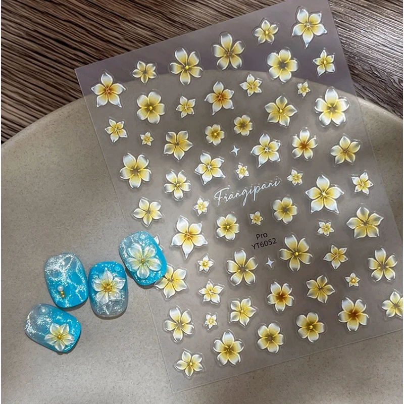 5D Adorable Summer Egg Flower Nail Stickers Decals Blossoming Petals Yellow White Tropical Plant Self-Adhesive Nail Art Stickers