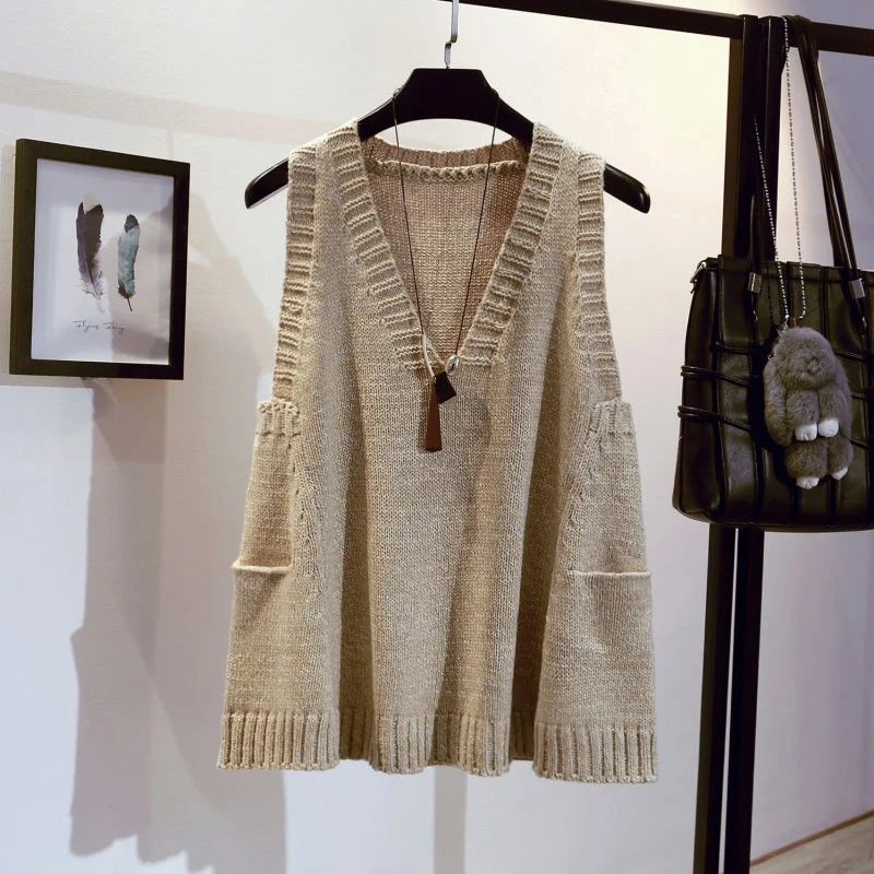 

Off-Season Knitted Sweater Vest Women's V-Neck Sleeveless Pullover Outerwear Fashionable Commute Style Color