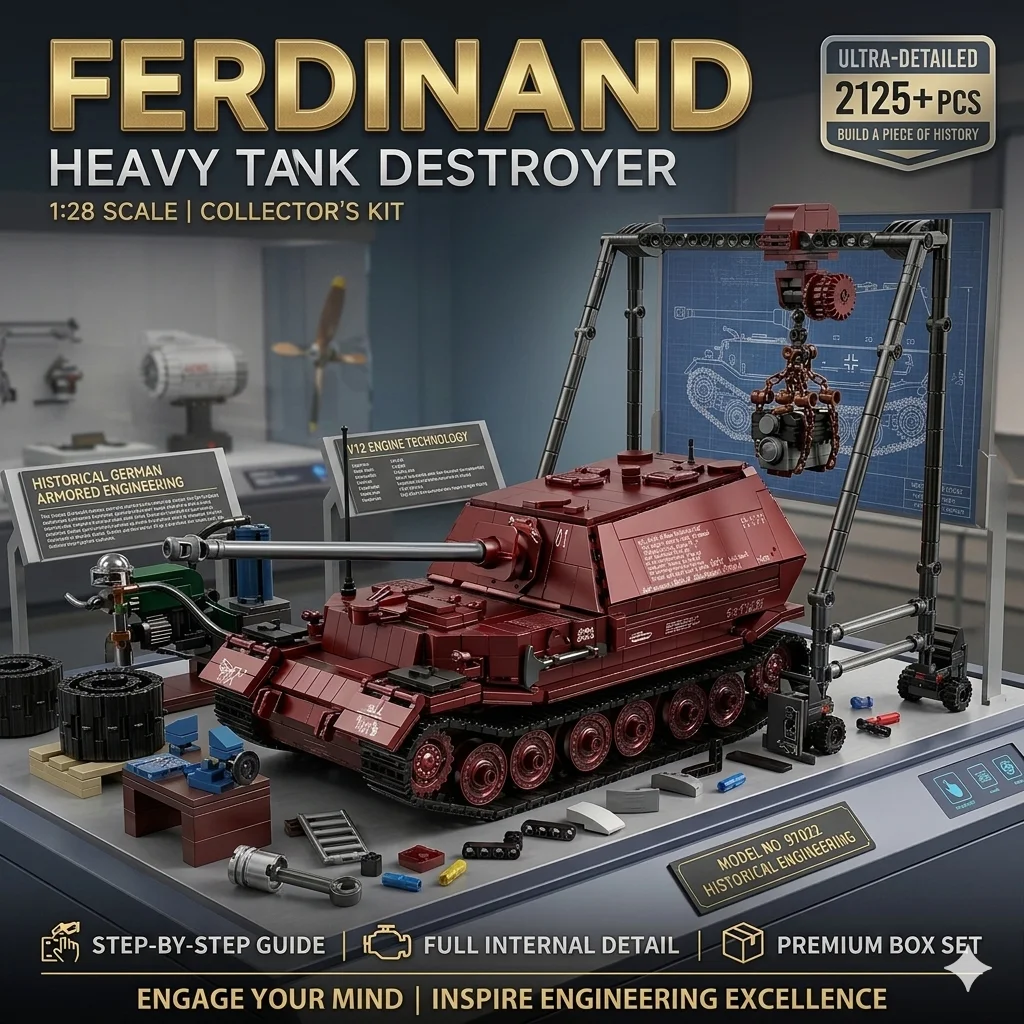 

2125PCS MOC Ferdinand Elephant Tank Building Blocks DIY Military Armor Model Bricks World War II Series Collection Toy Adult