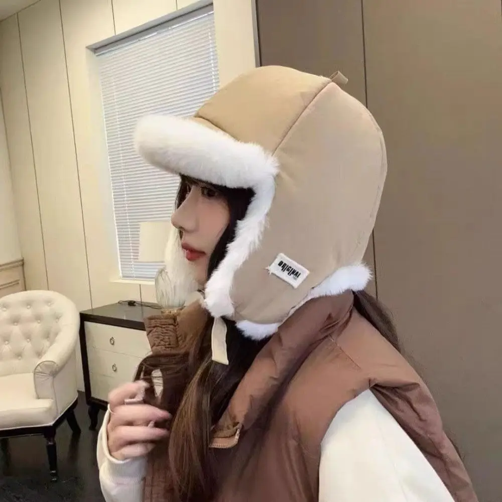 

Sweet Thickened Ear Protective Hat No Eaves Windproof Winter Pilot Hat Big Head Circumference Plush Cycling Lei Feng Hat Outdoor