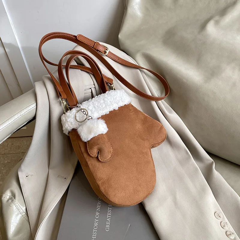 

Cute Mitten-Shaped Faux Fur Bag for Women Pink/Brown Suede & Shearling Crossbody/Handheld Bag with Pom-Pom Pendant for Winter