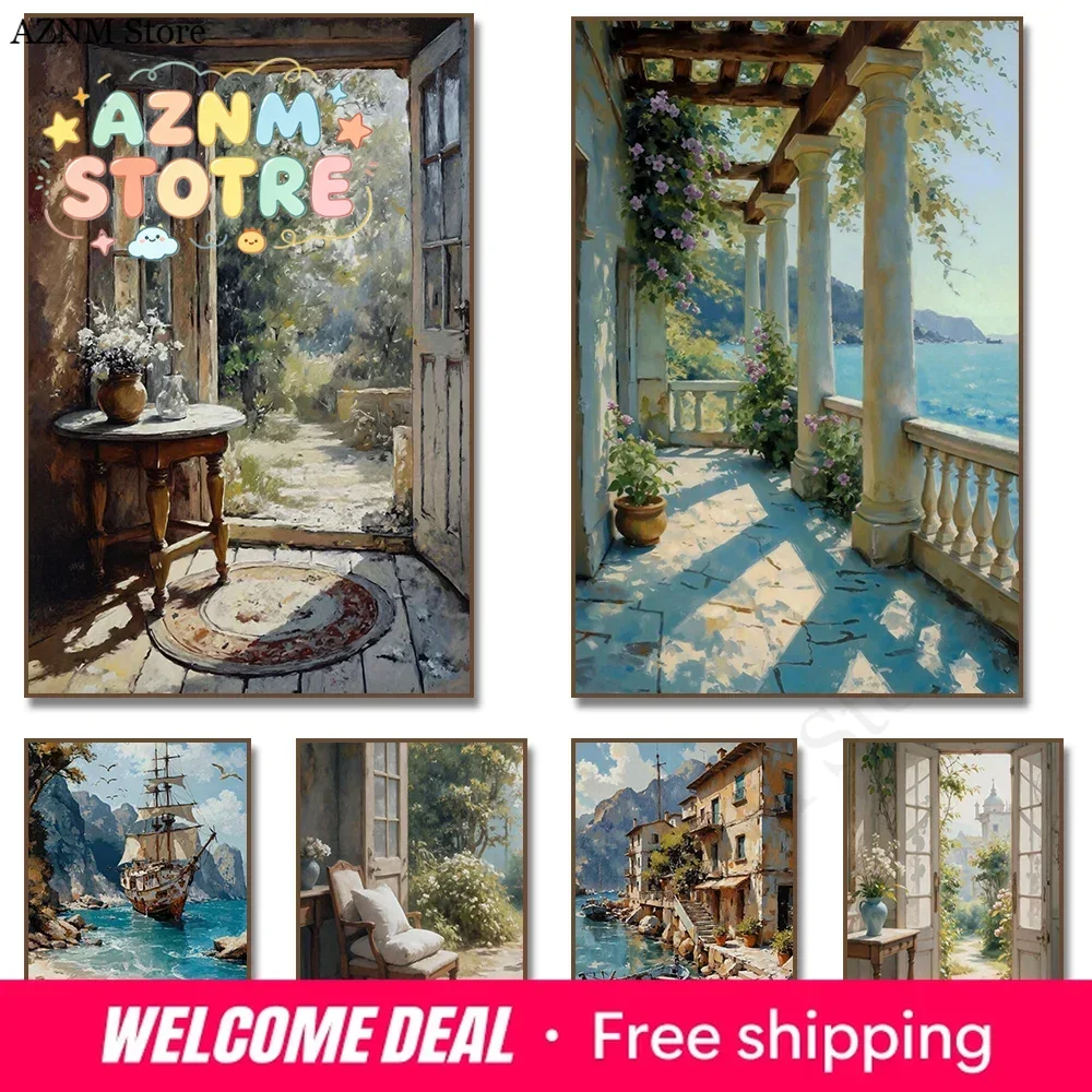 Rustic Cottage Doorway French Country Chair  Window Poster Print Coastal Fishing Boat Canvas Painting Farmhouse Room Home Dec