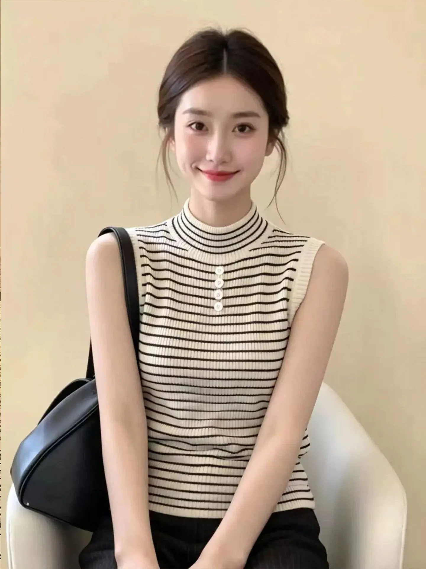

Korean Style Slim Fit Knitted Vest Women's Summer Sleeveless High Collar Base Layer Top Color Block Striped Half High Collar