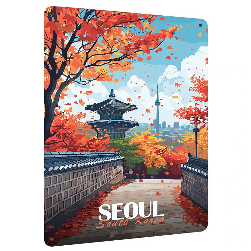 Seoul Autumn Landscape Metal Wall Art Traditional Pavilion Modern City Skyline Home Decor