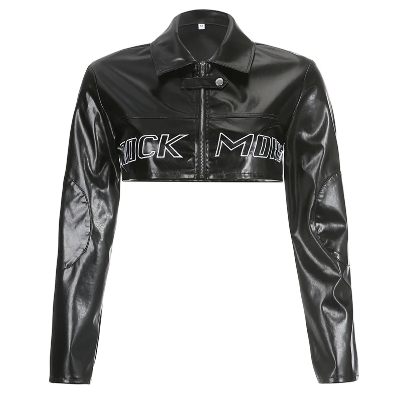 SUCHCUTE Motorcycle Contrast Stripe Print Leather PU Jackets Streetwear O Neck Jacket Zip Up Moto & Biker Women Clothes Racing