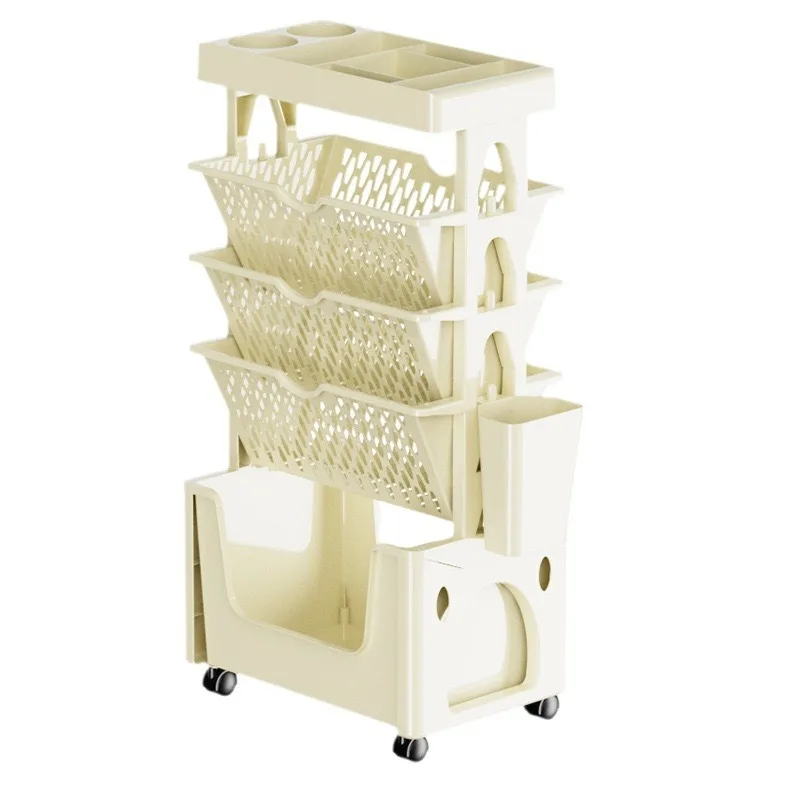 Multifunctional movable table floor-to-ceiling bookshelf, simple seam, wheeled trolley, multi-layer shelf for students' books
