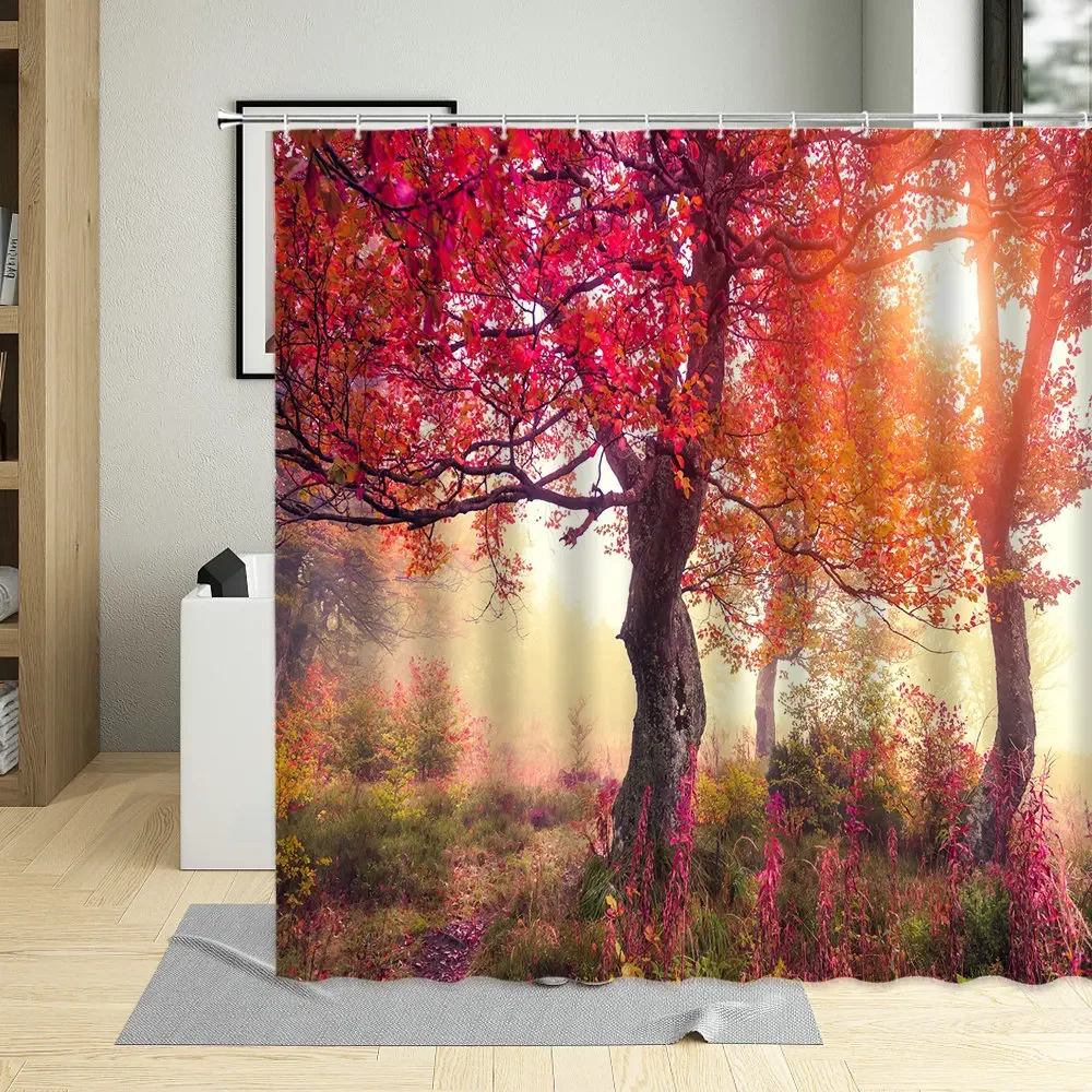 Autumn Red Leaves Nature Forest Landscape Bathroom Decor Screen Waterproof Polyester Fabric Shower Curtain With Hooks Curtains