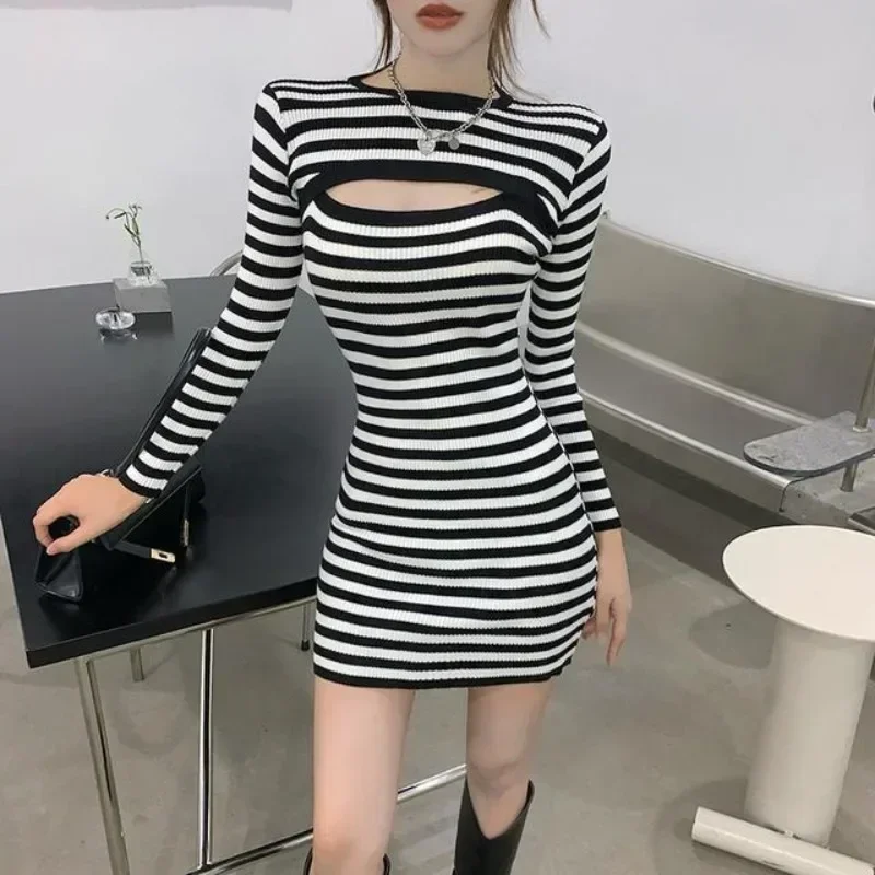 Female Knit Dress Korean Style Women\'s Crochet Dresses Hollow Out Bodycon High Quality Luxury Retro Y2k Vintage Full Sleeve Hot