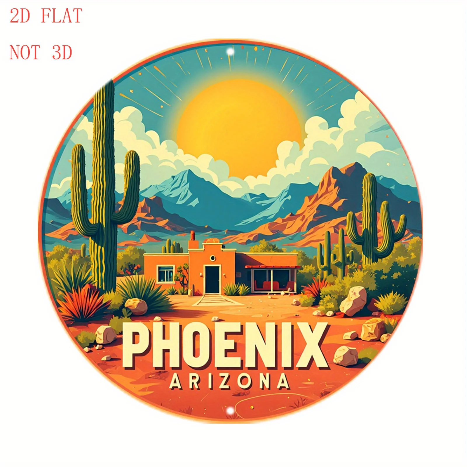 2D Flat - [2D Plane]8-Inch Round Aluminum Wall Sign Depicting a Phoenix, Arizona Desert Landscape with Cacti And Sun | 1 Pack, P