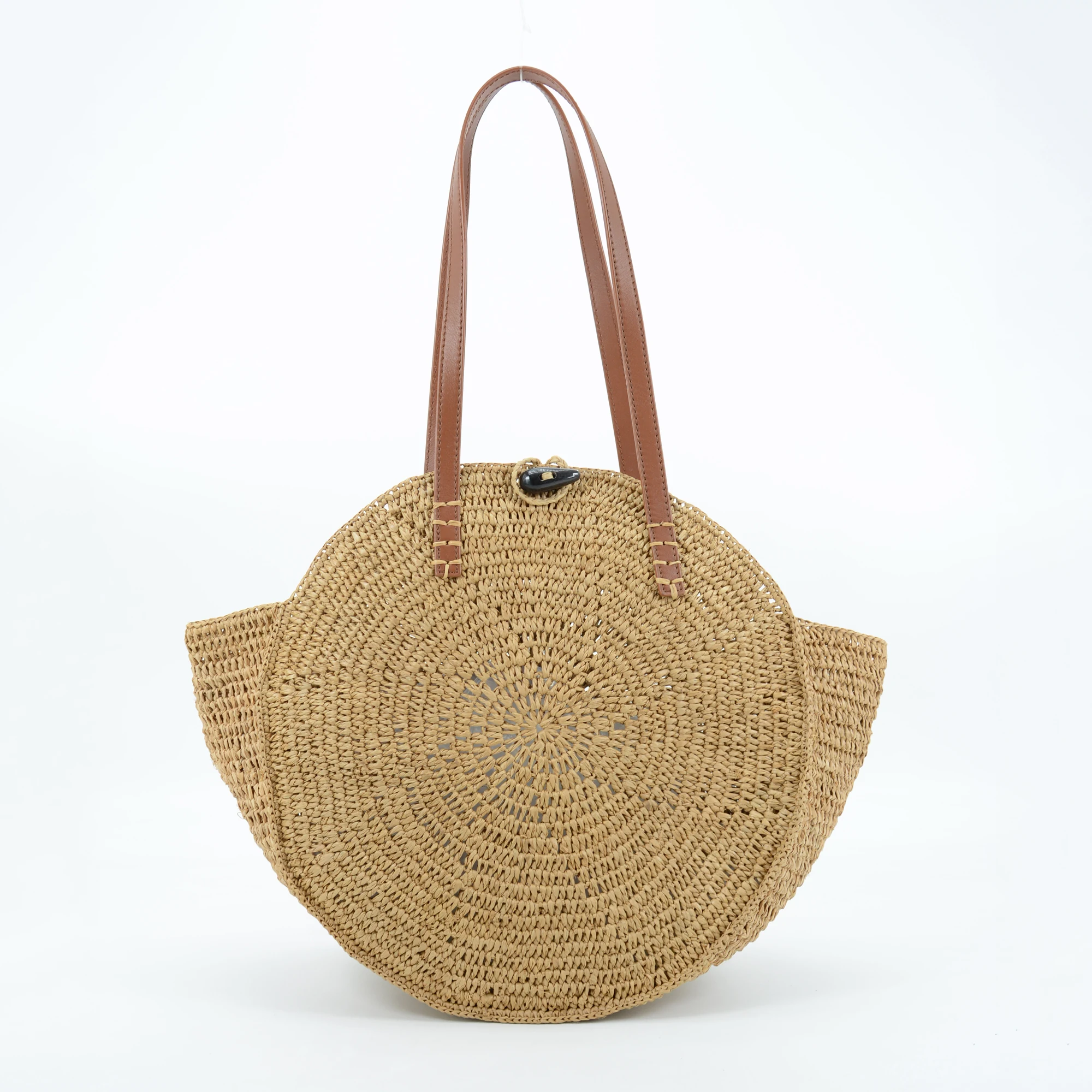 Handmade Crocheted Natural Raffia Shoulder Bag Round Shape Straw Handbag