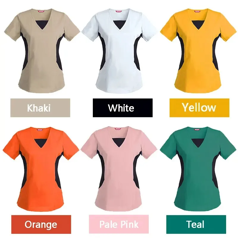 Blusa de manga corta con cuello en V para mujer, uniforme de enfermería, Top de trabajo con bolsillos