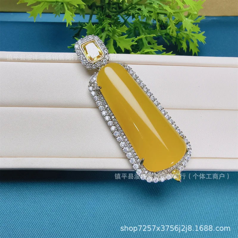 Natural ice-colored amber yellow chalcedony pendant with silver plating, necklace charm, gift