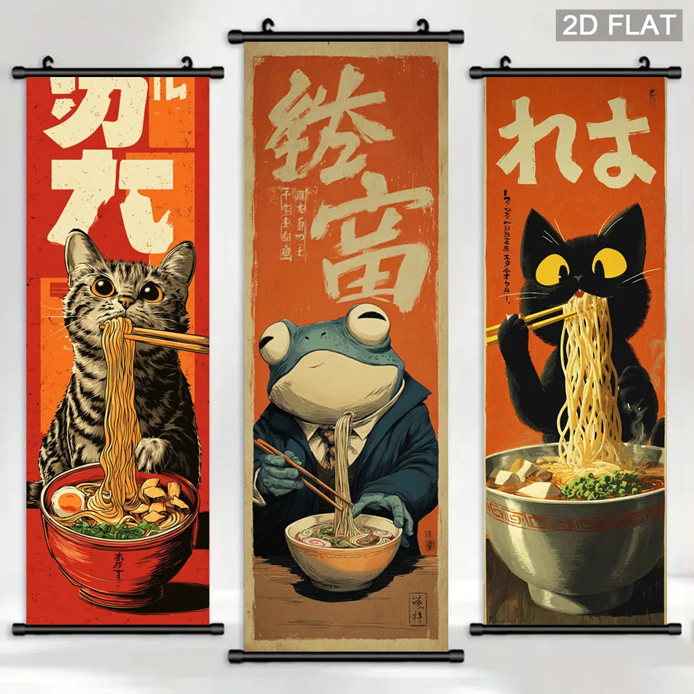 VIKAMA Animal Ramen Noodles Scroll Tapestry, Vintage Funny Cat Noodle Poster, Wall Art for Living Room Decor