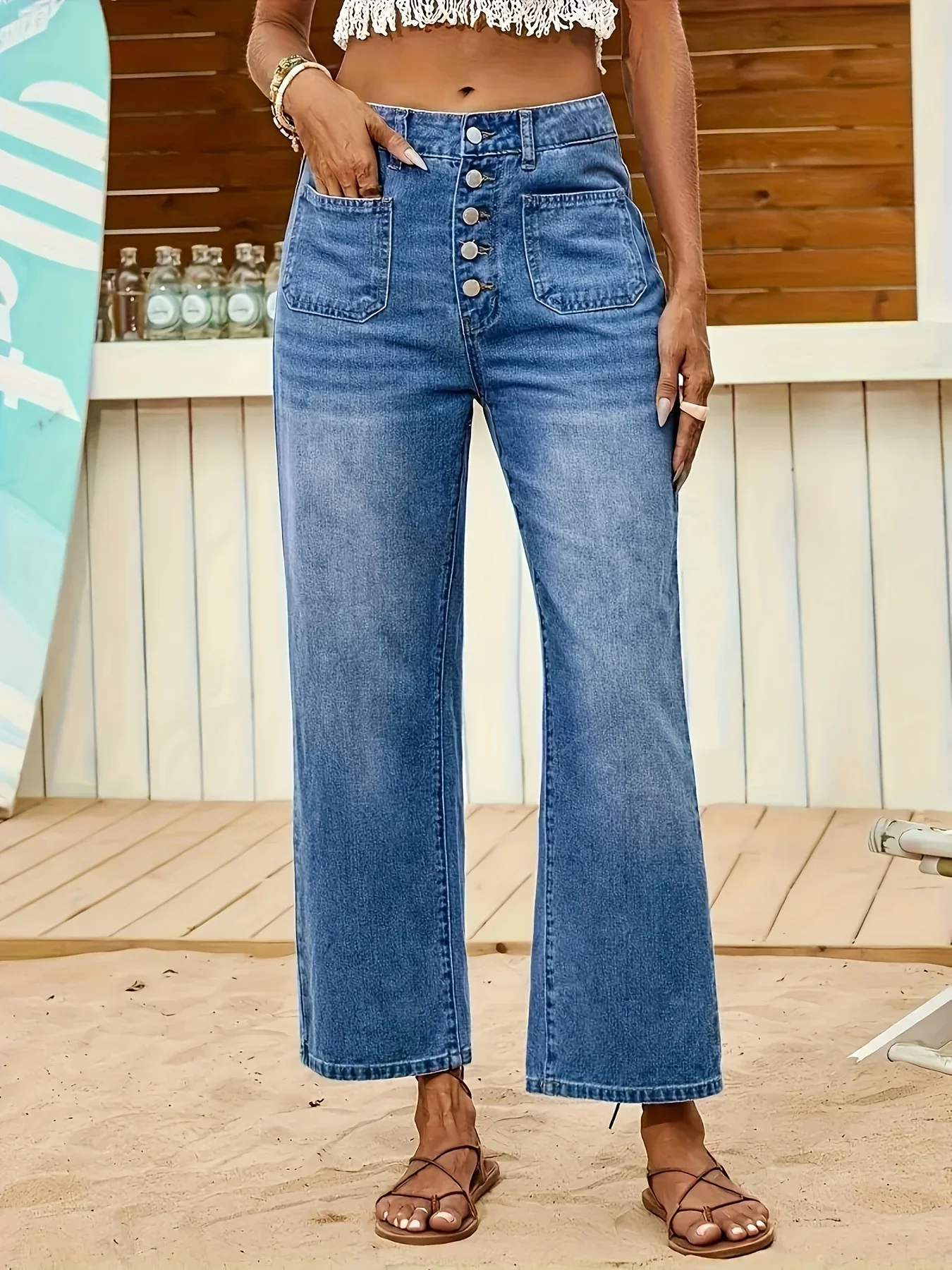 

Women Jeans Straight Pants Denims Stretch Mid Waist Vintage Washed Distressed Button Pockets Streetwear Ankle Length Trousers